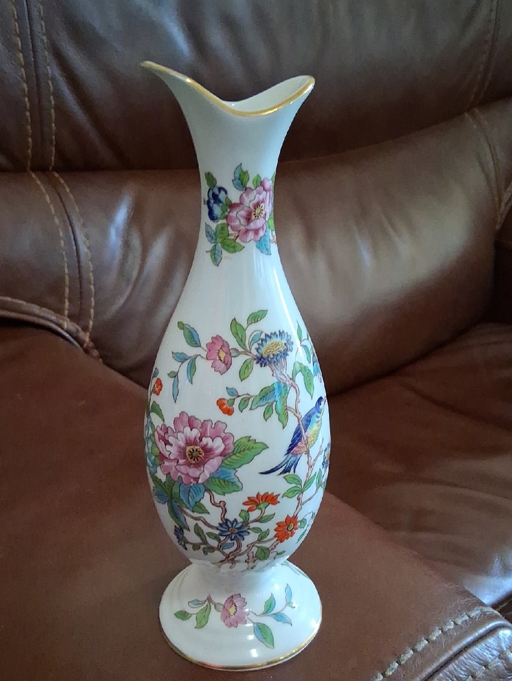 Porcelain Floral & Bird Decorative Vase in White with Pink and Blue Accents